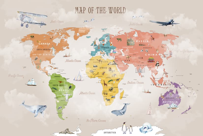 Colorful Kids World Map Wallpaper Mural