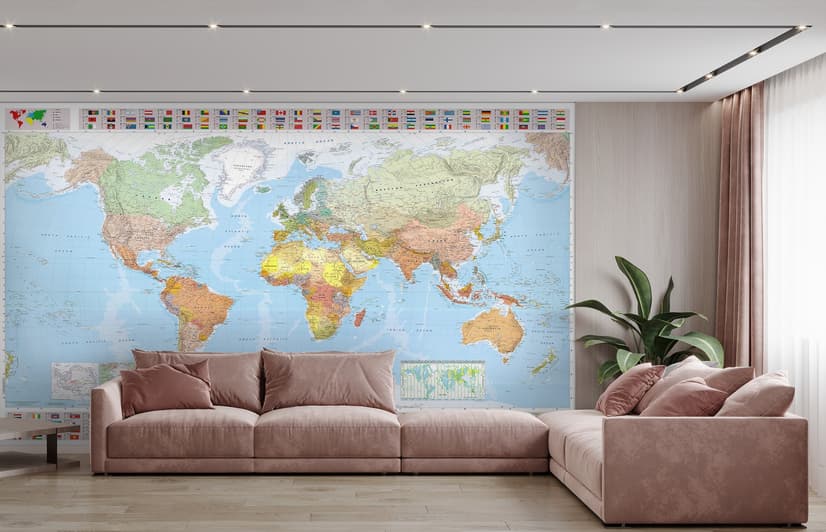 Political World Map and Country Flags Wallpaper Mural