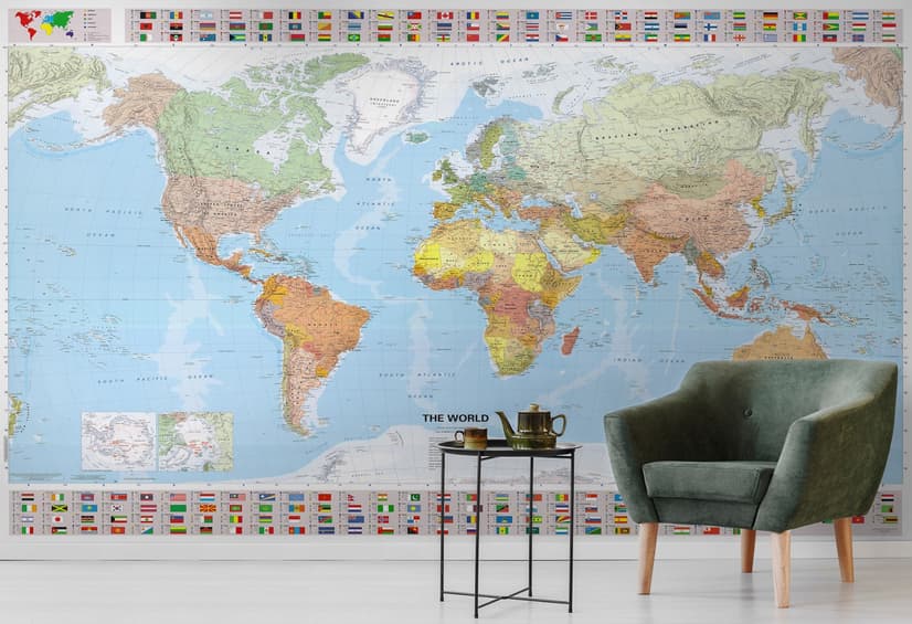 Political World Map and Country Flags Wallpaper Mural
