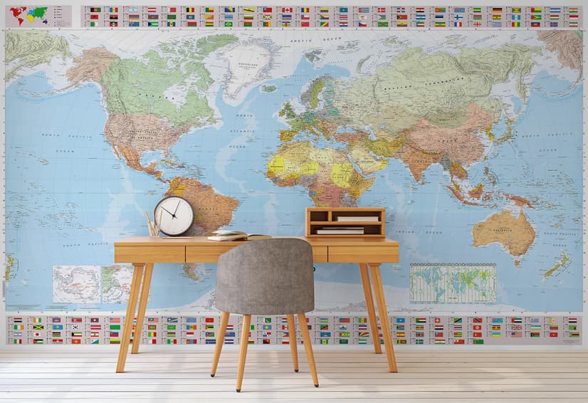 Political World Map and Country Flags Wallpaper Mural