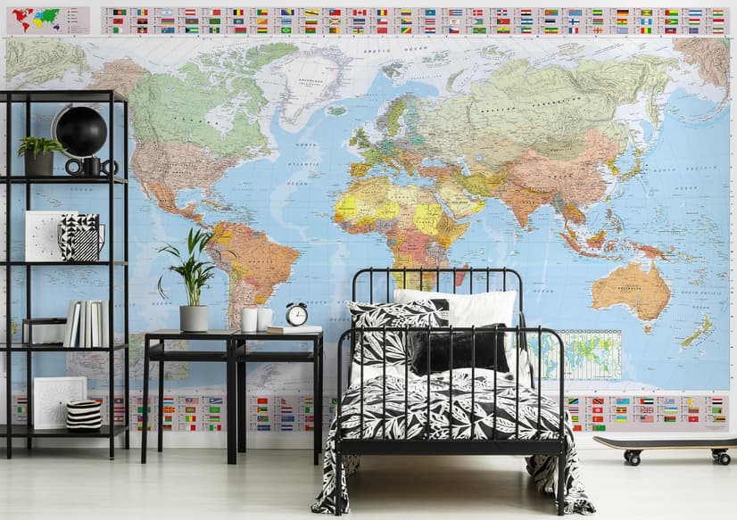 Political World Map and Country Flags Wallpaper Mural