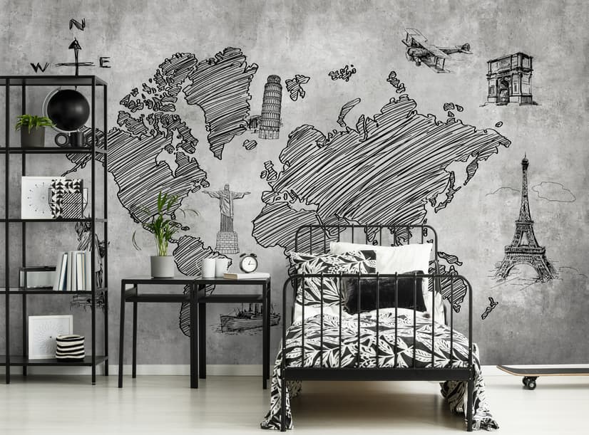 Monochrome World Map Wallpaper Mural