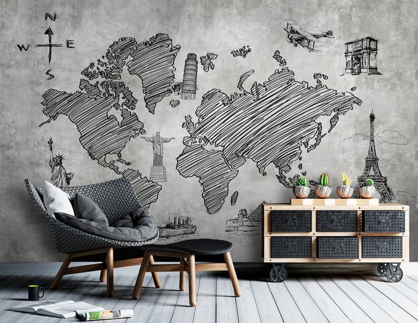 Monochrome World Map Wallpaper Mural