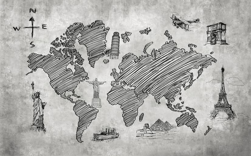Monochrome World Map Wallpaper Mural