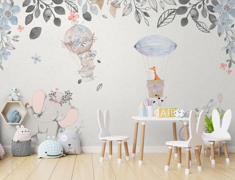 Papier peint bébé éléphant et montgolfières