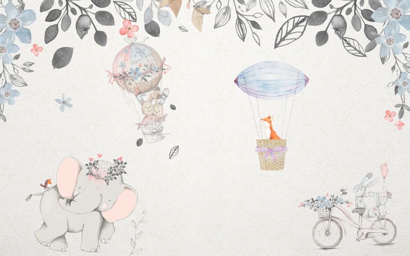 Papier peint bébé éléphant et montgolfières