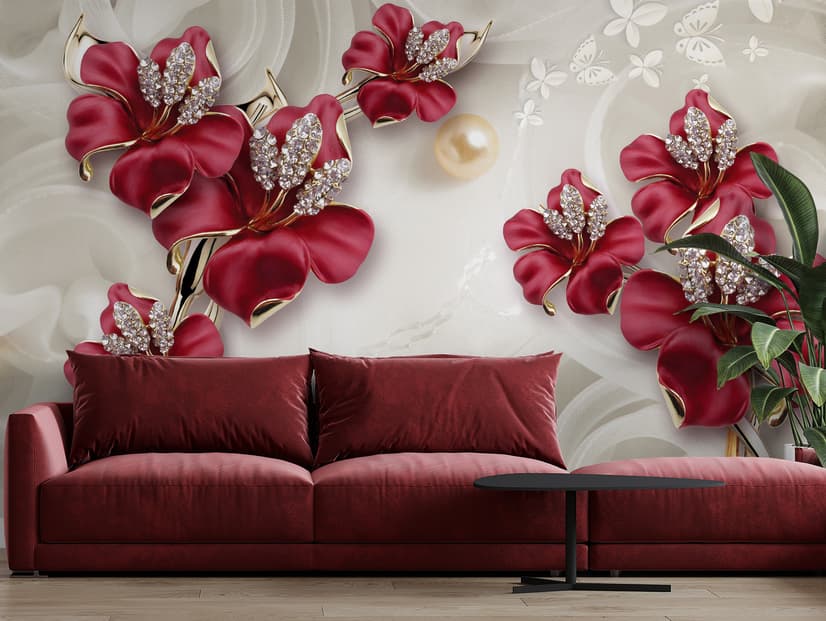 Crystal Red Floral Art Wallpaper Mural