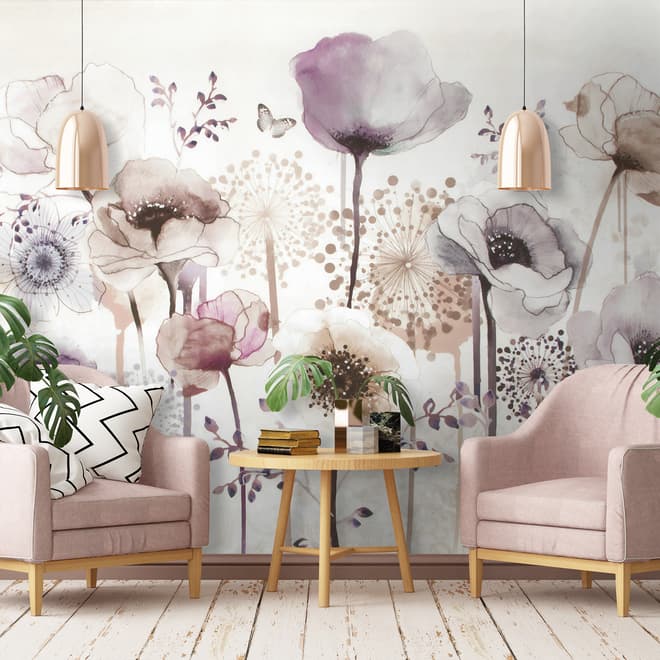 Watercolor Dark Poppy Flowers Wallpaper Mural