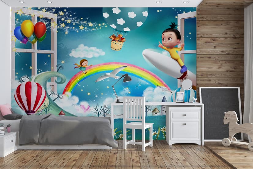 Cartoon Boo Monsters and Hot Air Balloon Wallpaper Mural