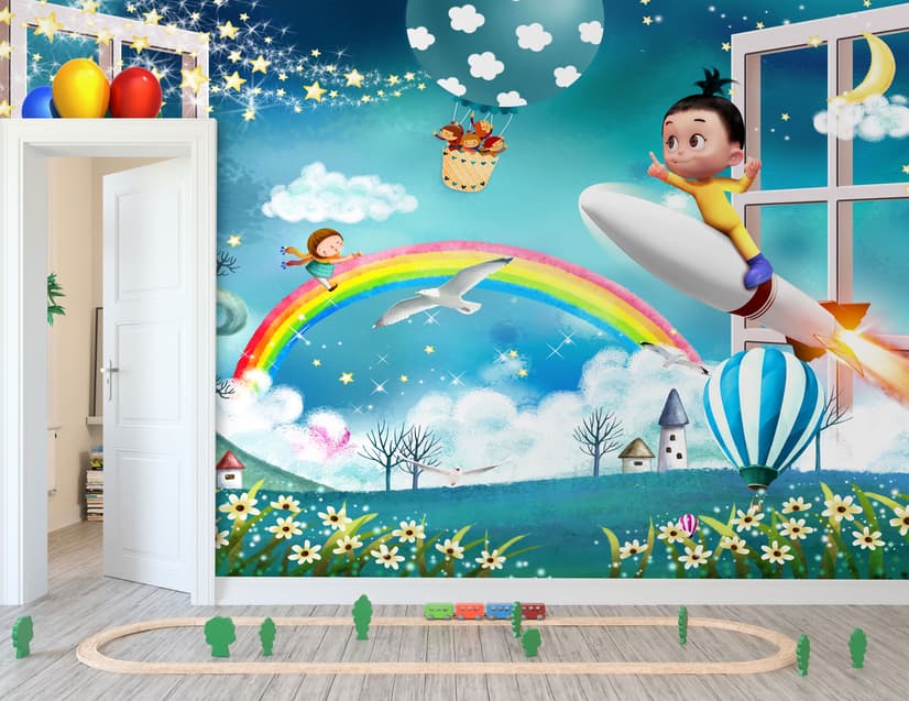 Cartoon Boo Monsters and Hot Air Balloon Wallpaper Mural