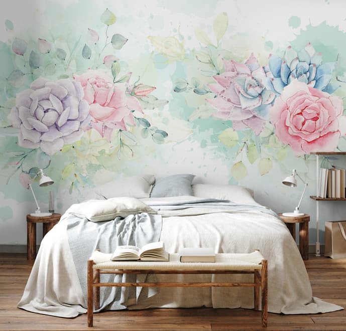 Papier peint panoramique floral doux et aquarelle