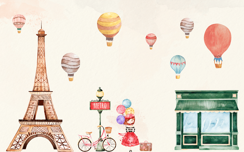 Eiffel Tower and Little Hot Air Balloon Wallpaper Mural