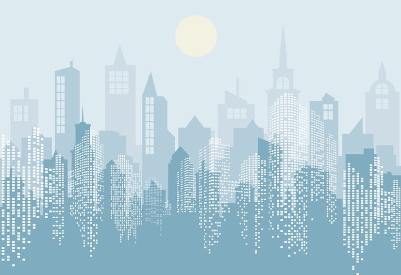 Blue Monochrome Cityscape and Soft Sun Wallpaper Mural
