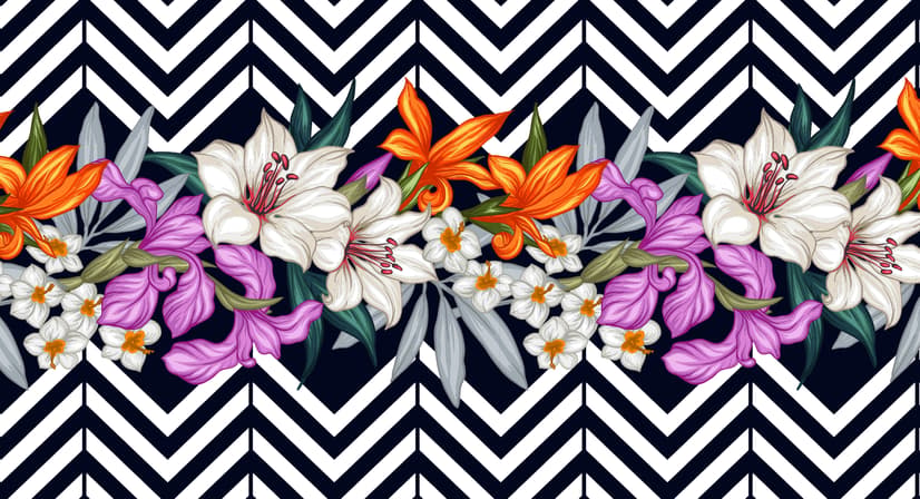 Colorful Flowers with Black White Stripe Patterned Wallpaper Mural