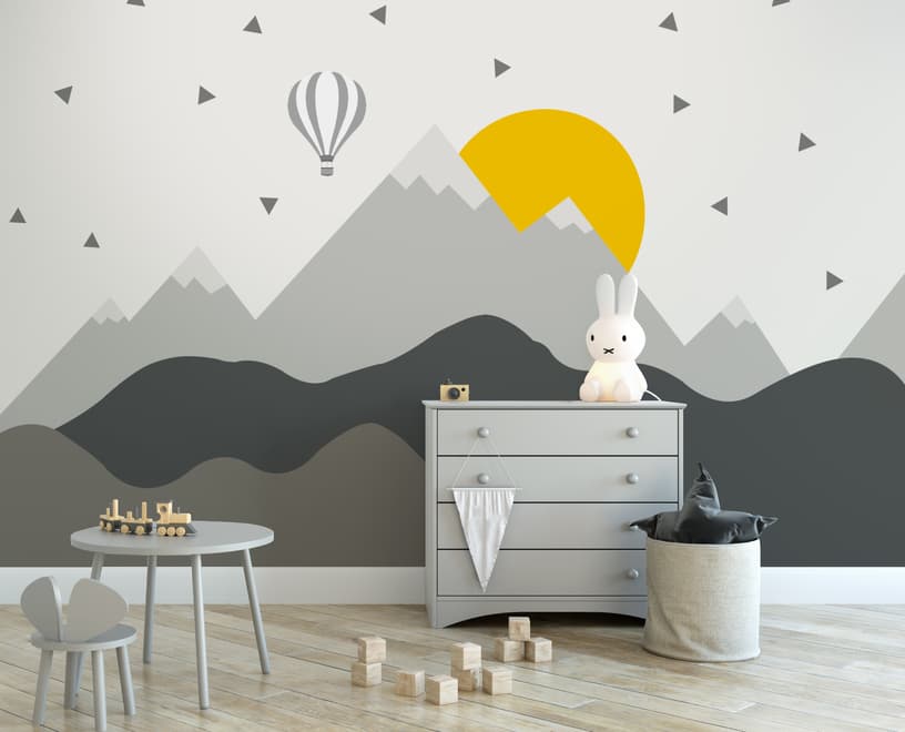 Papier peint montagnes géométriques et montgolfière gris