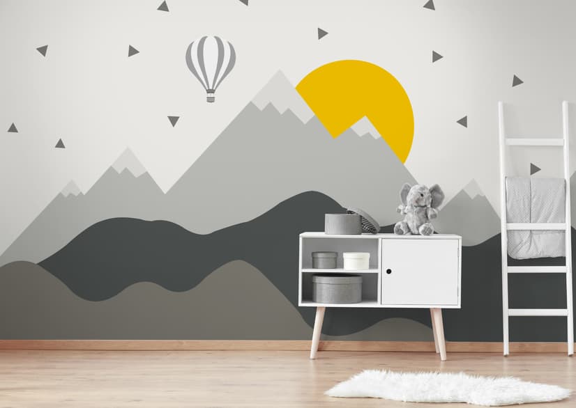 Kids Gray Geometric Mountainscape and Hot Air Balloon Wallpaper Mural