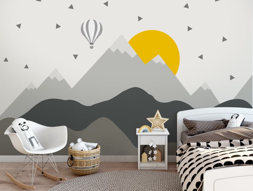 Kids Gray Geometric Mountainscape and Hot Air Balloon Wallpaper Mural