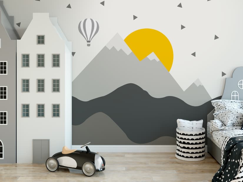 Kids Gray Geometric Mountainscape and Hot Air Balloon Wallpaper Mural