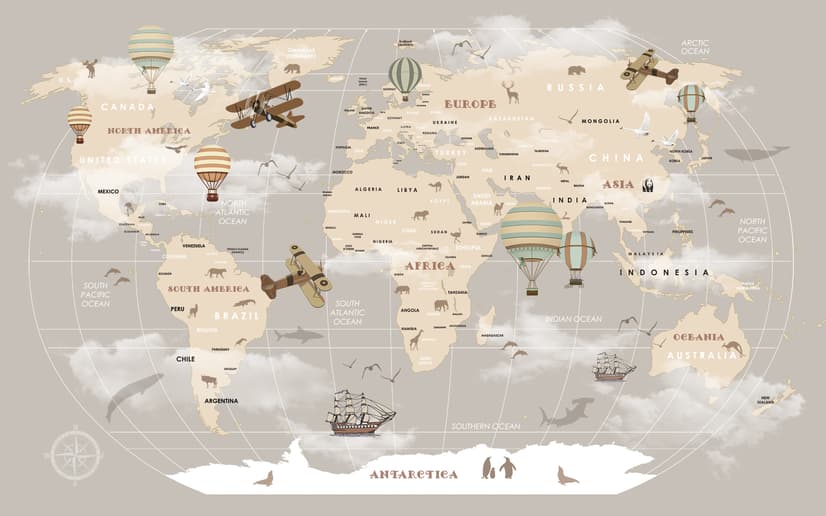 Beige Kids World Map with Hot Air Balloon Wallpaper Mural
