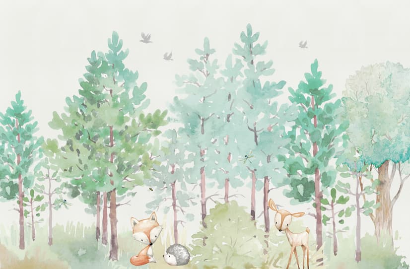 Watercolor Green Forest and Cute Fox,Hedhehog and Elk Wallpaper Mural