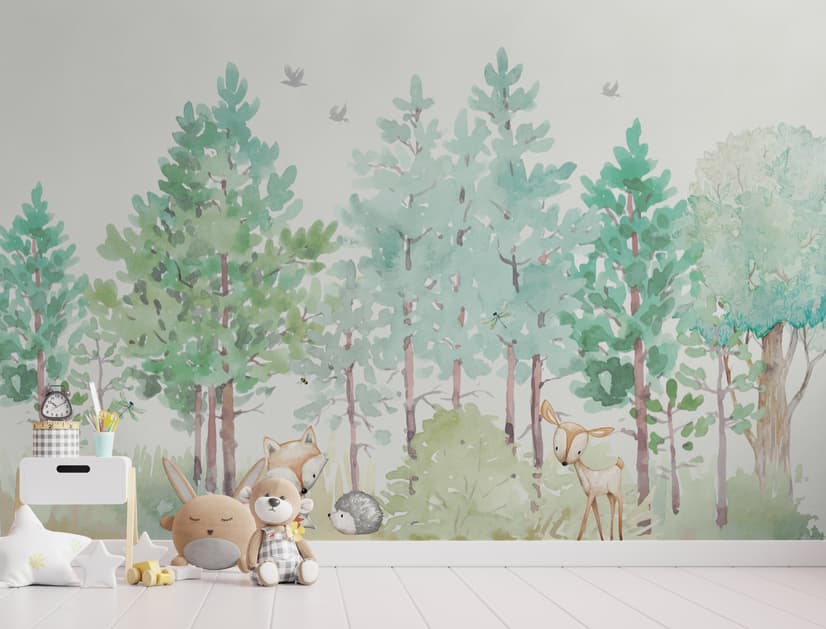 Watercolor Green Forest and Cute Fox,Hedhehog and Elk Wallpaper Mural