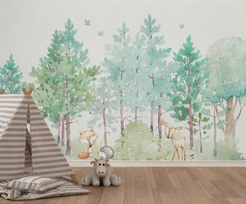 Watercolor Green Forest and Cute Fox,Hedhehog and Elk Wallpaper Mural
