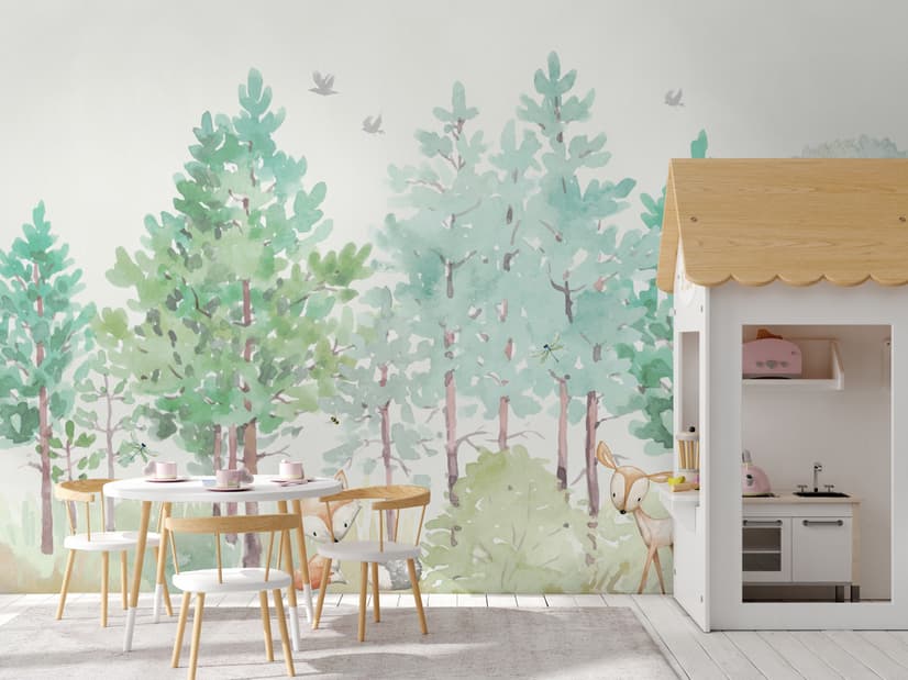Watercolor Green Forest and Cute Fox,Hedhehog and Elk Wallpaper Mural