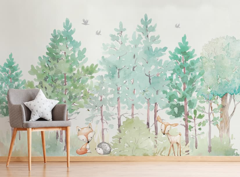 Watercolor Green Forest and Cute Fox,Hedhehog and Elk Wallpaper Mural