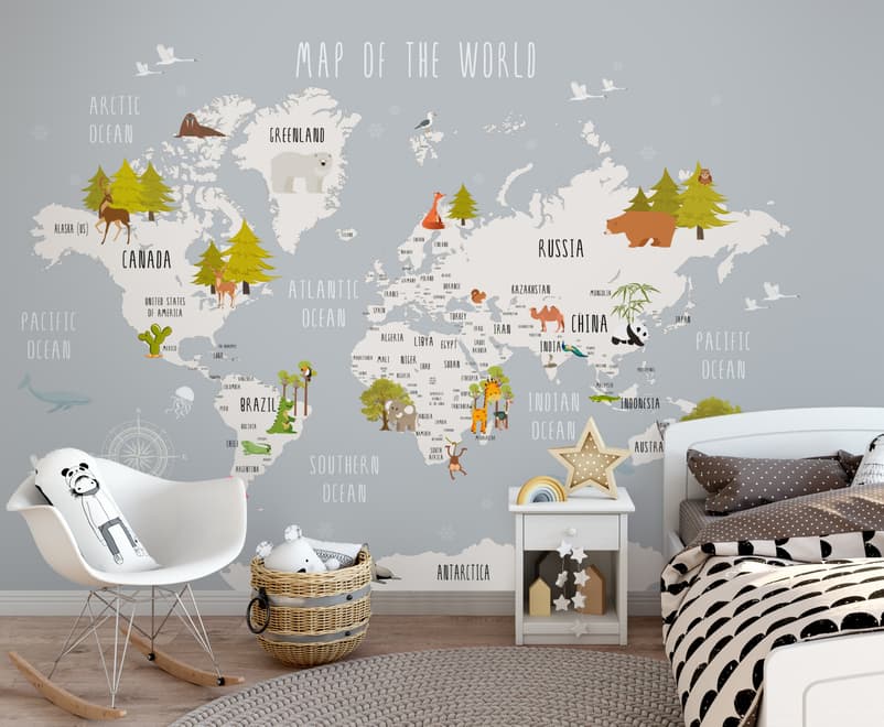 Kids World Map with Cartoon Animals Wallpaper Mural