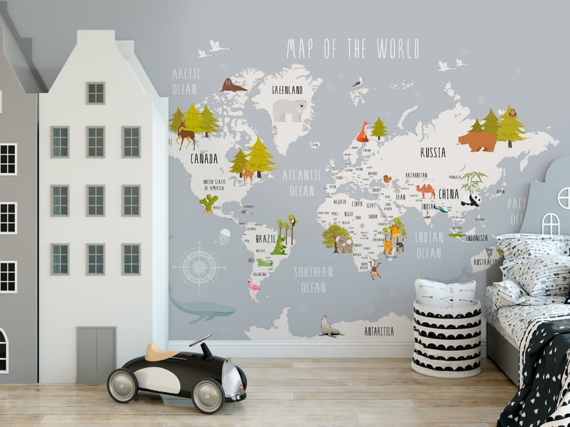 Kids World Map with Cartoon Animals Wallpaper Mural