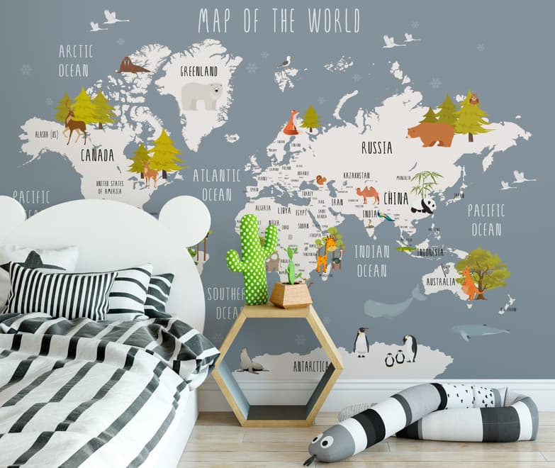 Kids World Map with Cartoon Animals Wallpaper Mural