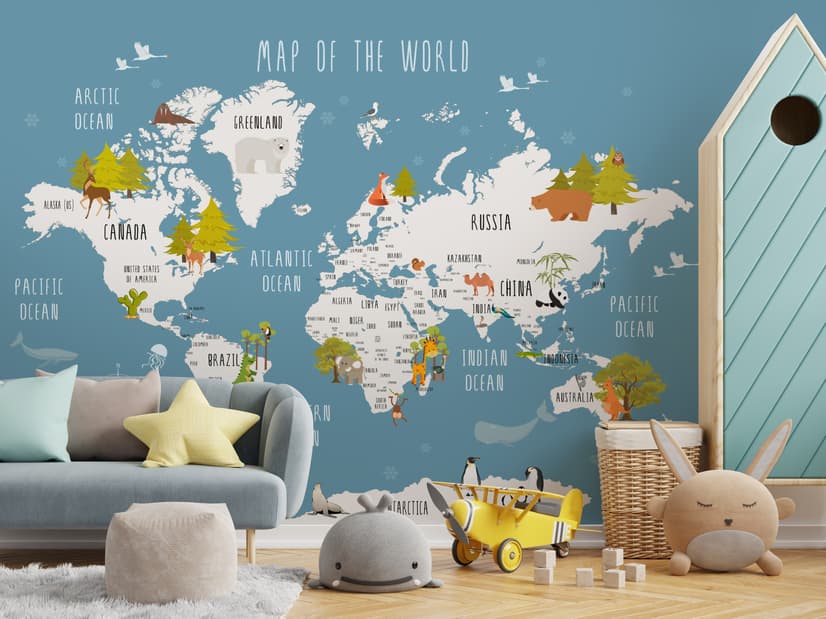 Kids World Map with Cartoon Animals Wallpaper Mural