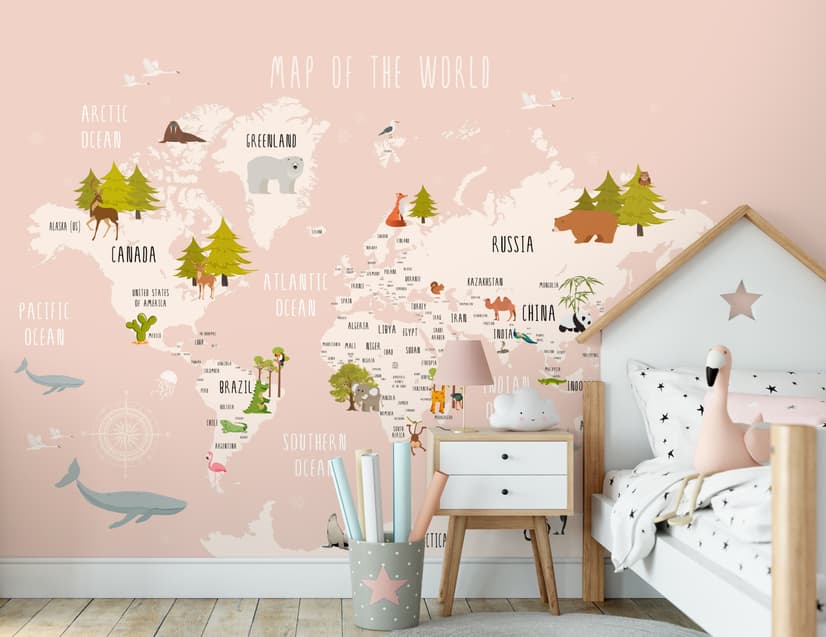 Kids World Map with Cartoon Animals Wallpaper Mural