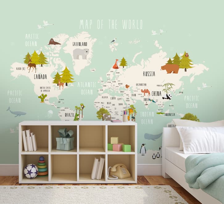 Kids World Map with Cartoon Animals Wallpaper Mural