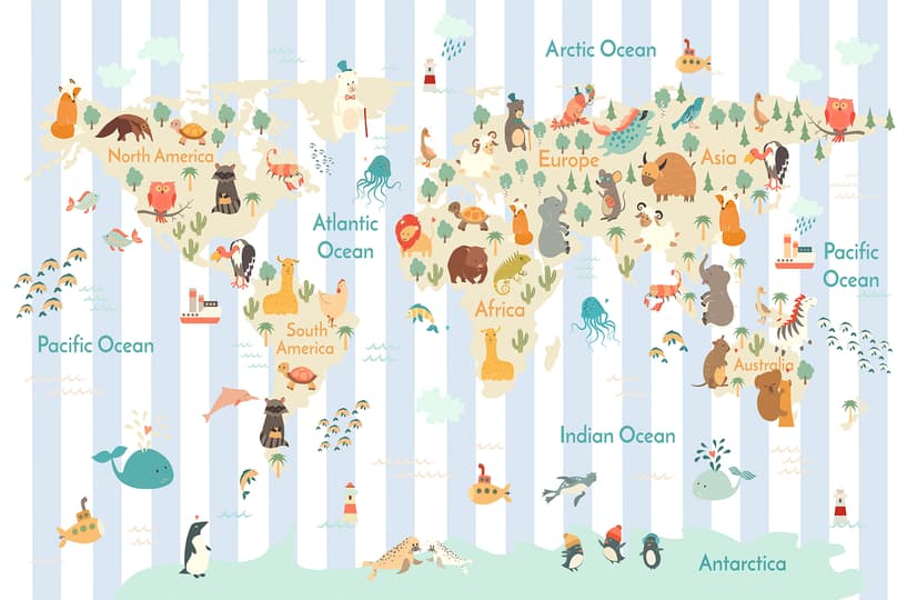 Kids Animals World Map with Stripe Pattern Wallpaper Mural