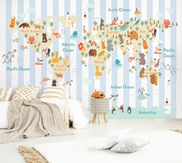 Kids Animals World Map with Stripe Pattern Wallpaper Mural