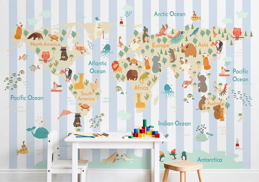 Kids Animals World Map with Stripe Pattern Wallpaper Mural