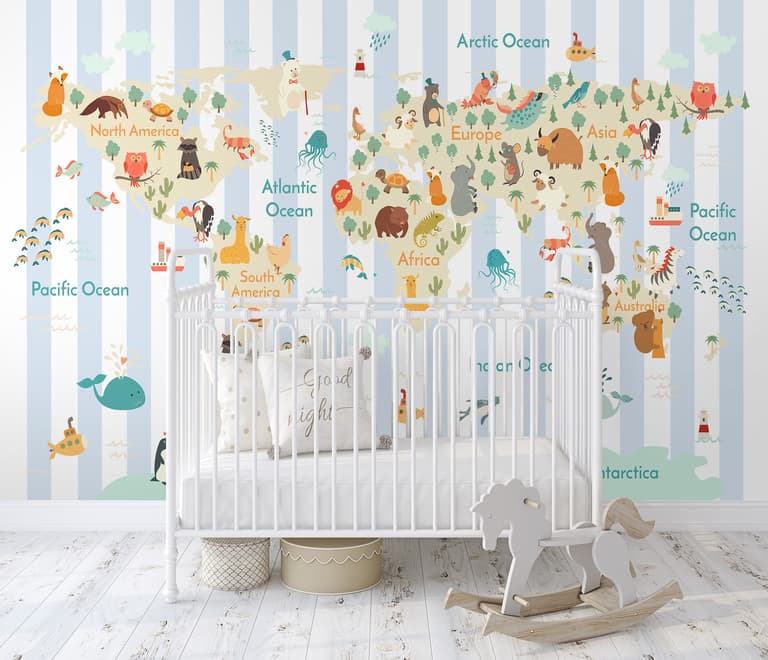 Kids Animals World Map with Stripe Pattern Wallpaper Mural
