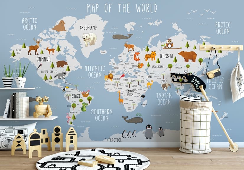 Papier peint carte du monde avec animaux pour enfants