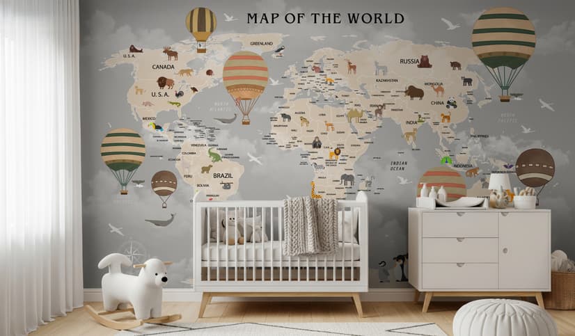 Kids World Map with Vintage Hot Air Balloon Wallpaper Mural