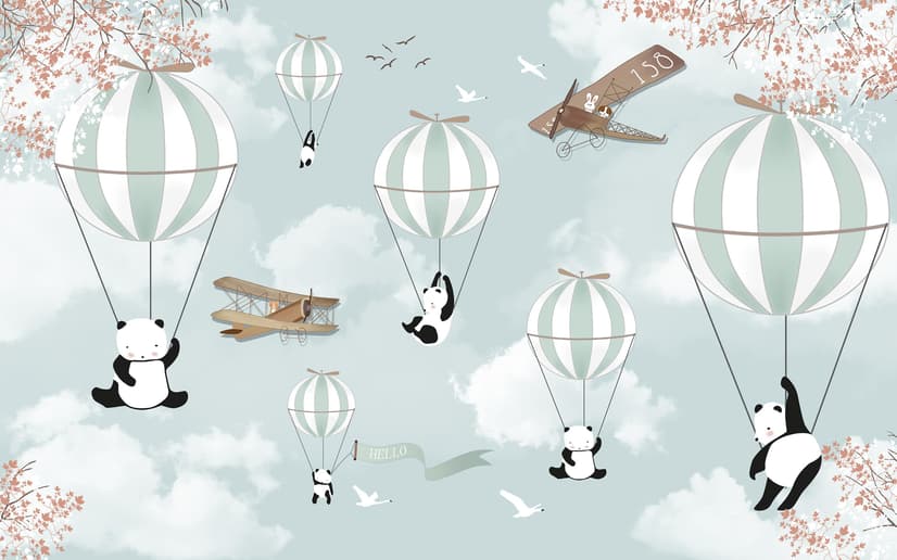 Papier peint Pandas de dessins animés et montgolfières