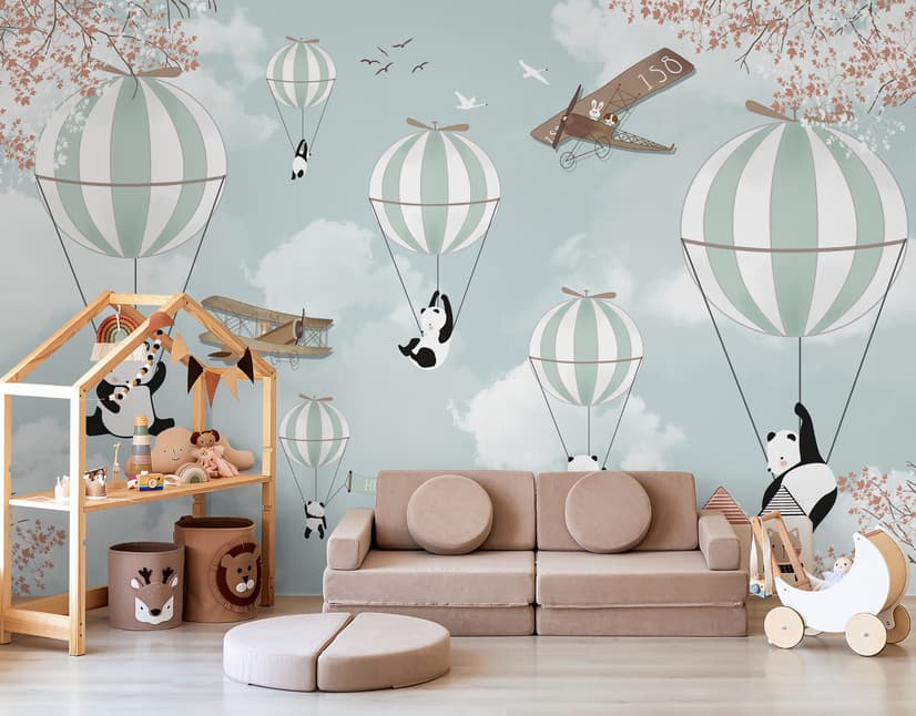 Fototapete mit Cartoon-Pandas und Heißluftballons