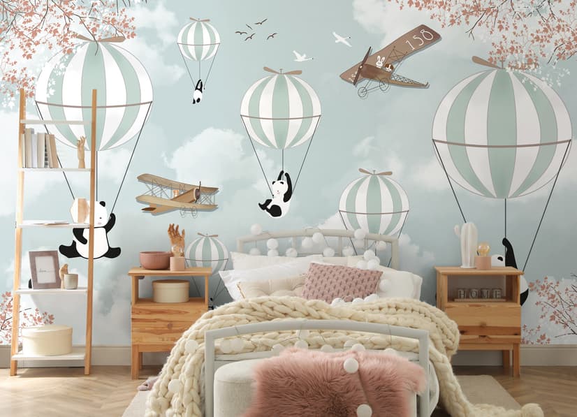 Papier peint Pandas de dessins animés et montgolfières