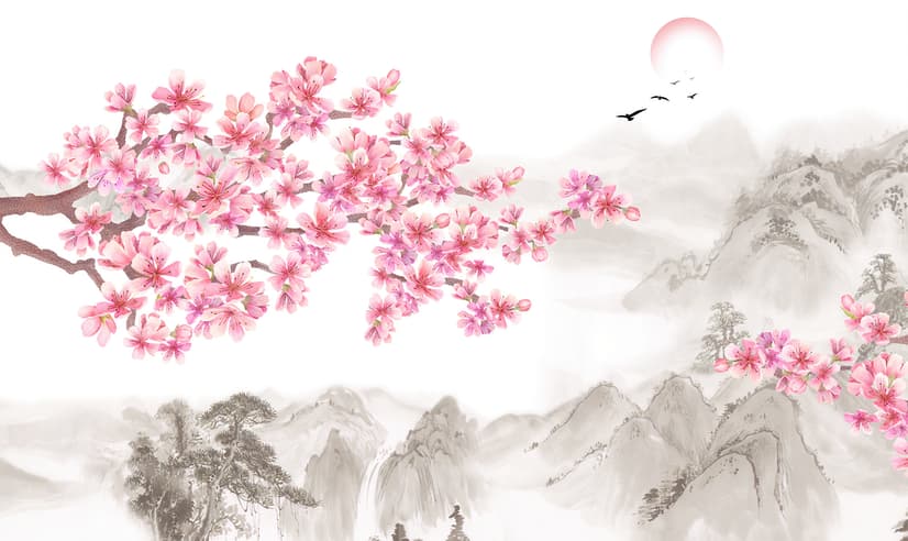 Cherry Blossom with Mountain Landscape Wallpaper Mural