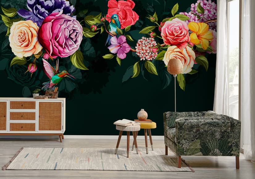 Dark Colorful Flowers Wallpaper Mural