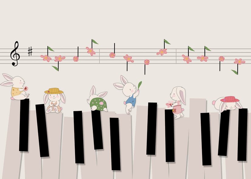 Cartoon Piano with Rabbits Wallpaper Mural