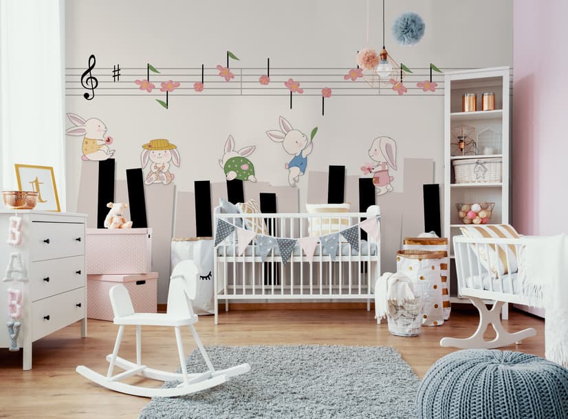 Cartoon Piano with Rabbits Wallpaper Mural