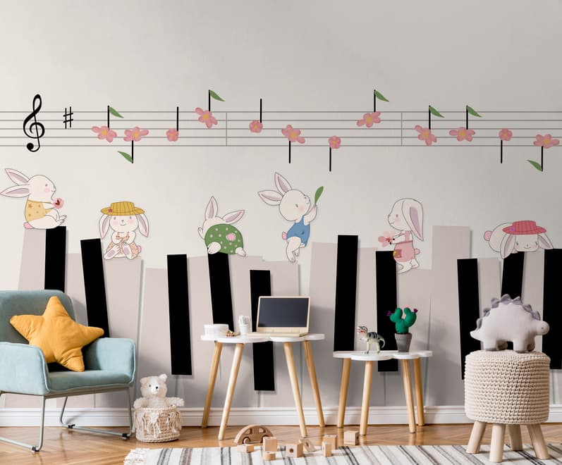 Cartoon Piano with Rabbits Wallpaper Mural