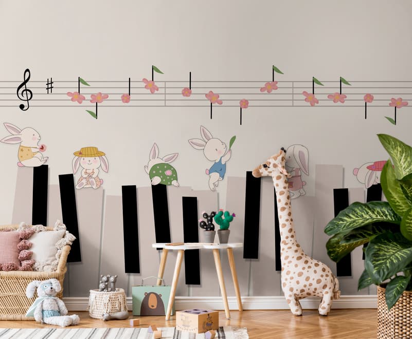 Cartoon Piano with Rabbits Wallpaper Mural