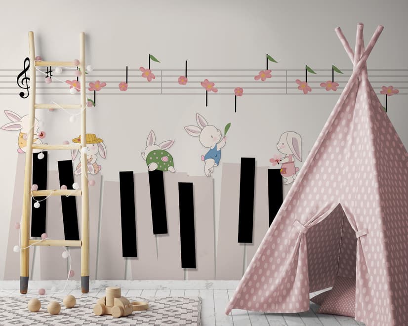 Cartoon Piano with Rabbits Wallpaper Mural